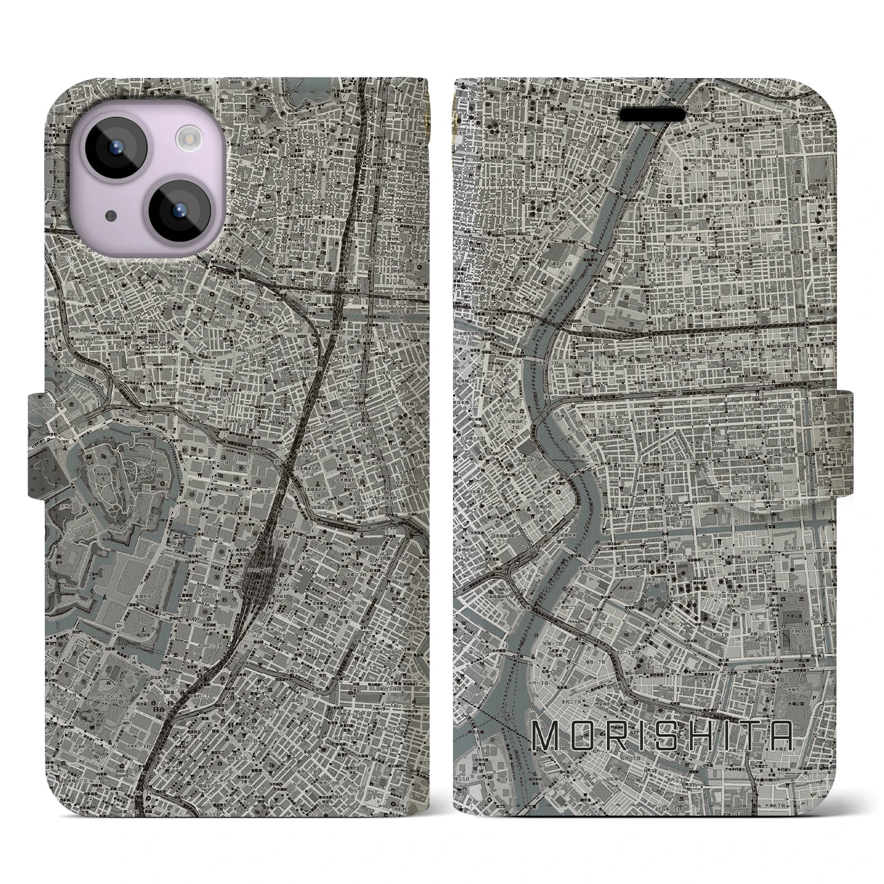 【森下】地図柄iPhoneケース（手帳両面タイプ・モノトーン）iPhone 14 用