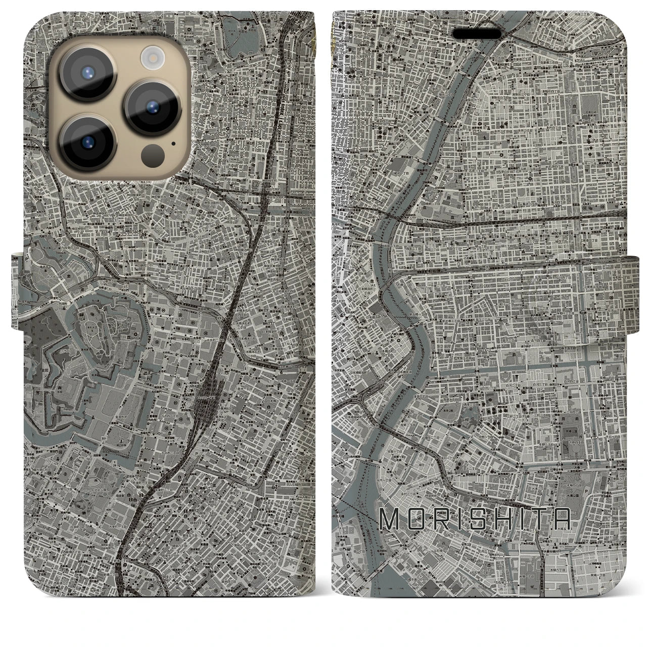 【森下】地図柄iPhoneケース（手帳両面タイプ・モノトーン）iPhone 14 Pro Max 用