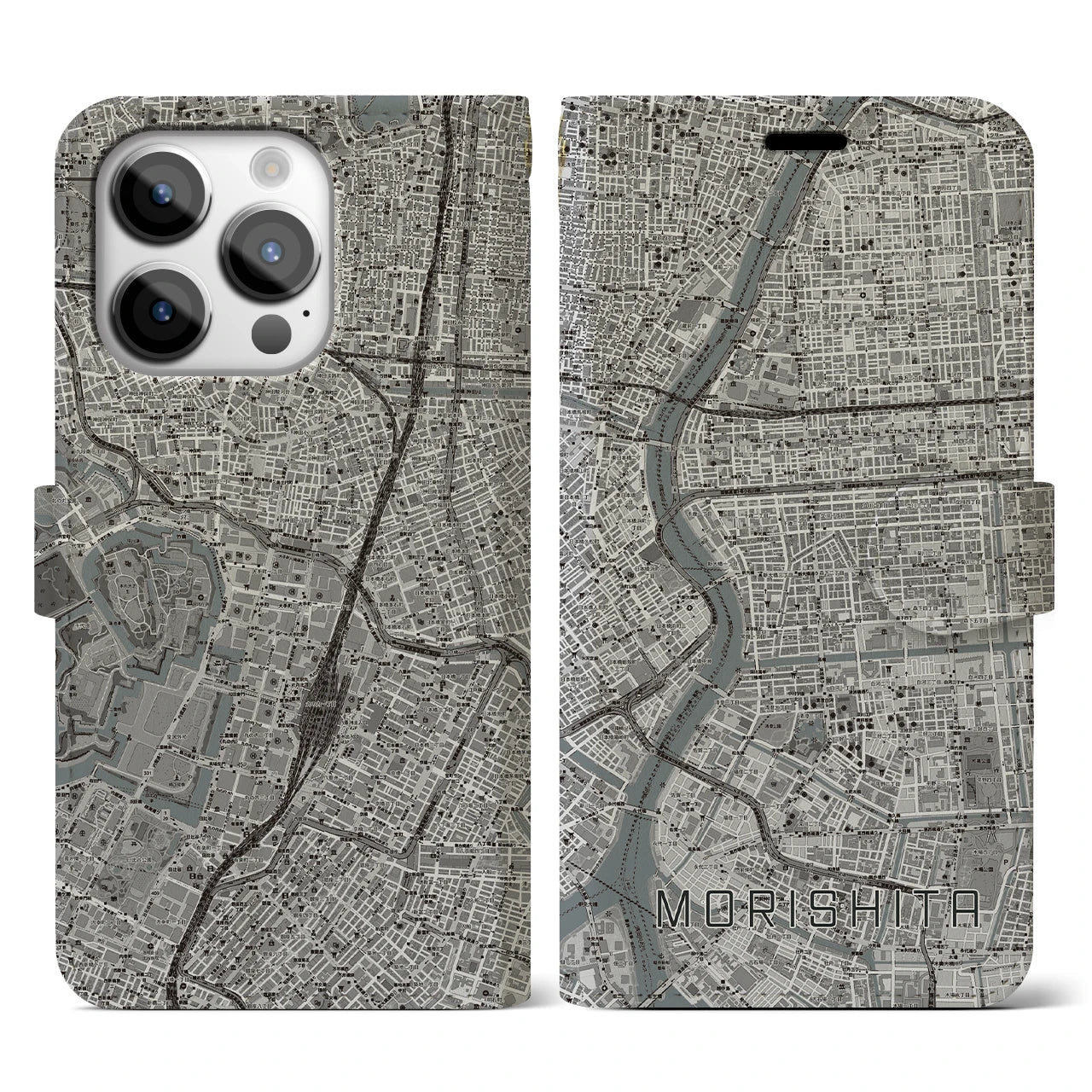 【森下】地図柄iPhoneケース（手帳両面タイプ・モノトーン）iPhone 14 Pro 用