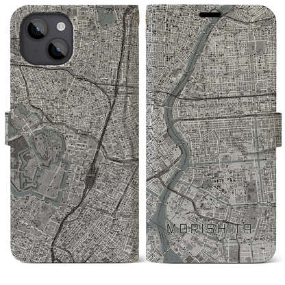 【森下（東京都）】地図柄iPhoneケース（手帳タイプ）モノトーン・iPhone 14 Plus 用