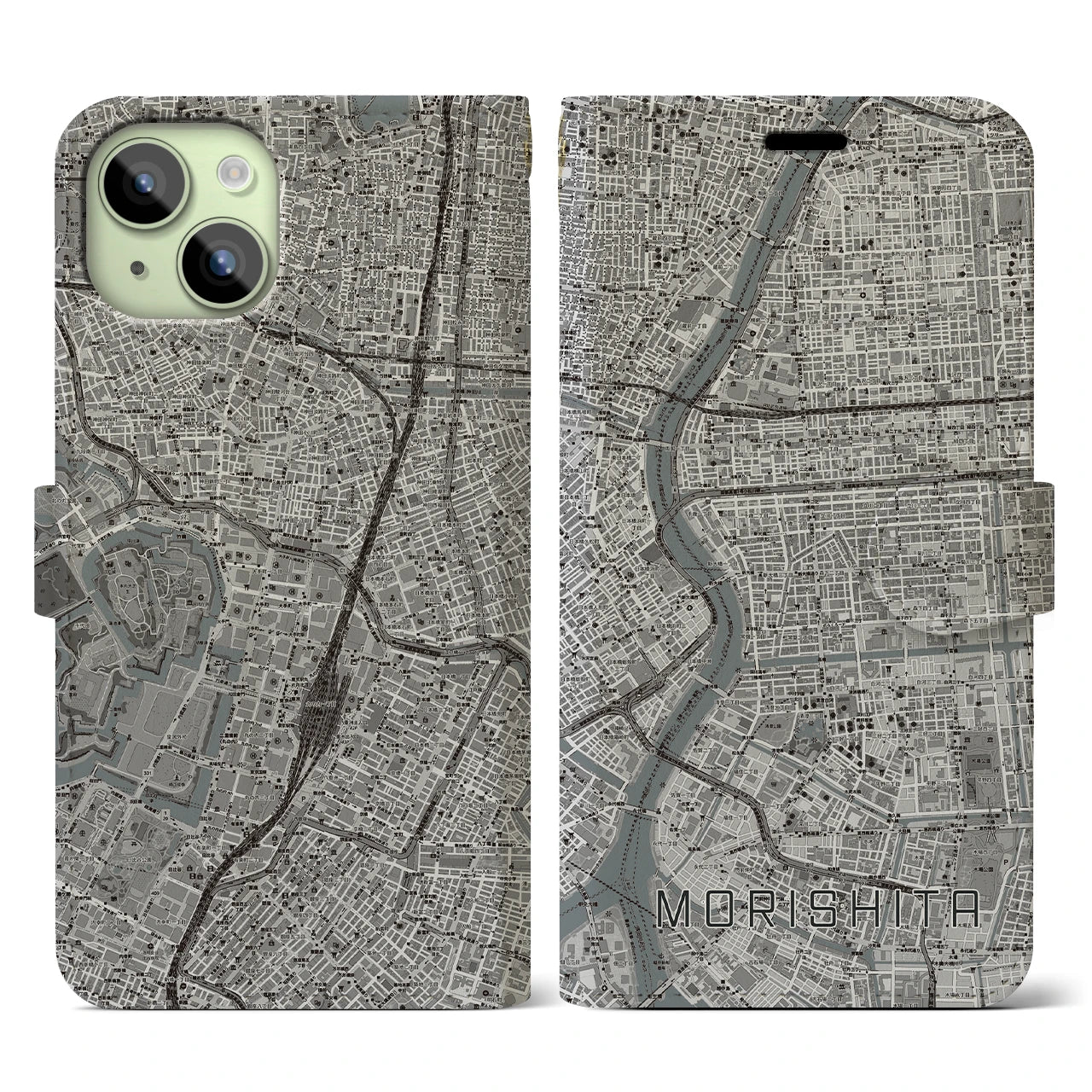【森下】地図柄iPhoneケース（手帳両面タイプ・モノトーン）iPhone 15 用