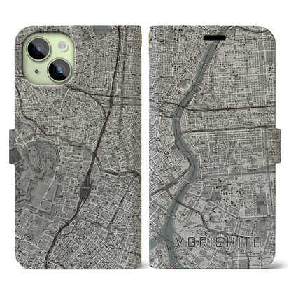 【森下（東京都）】地図柄iPhoneケース（手帳タイプ）モノトーン・iPhone 15 用