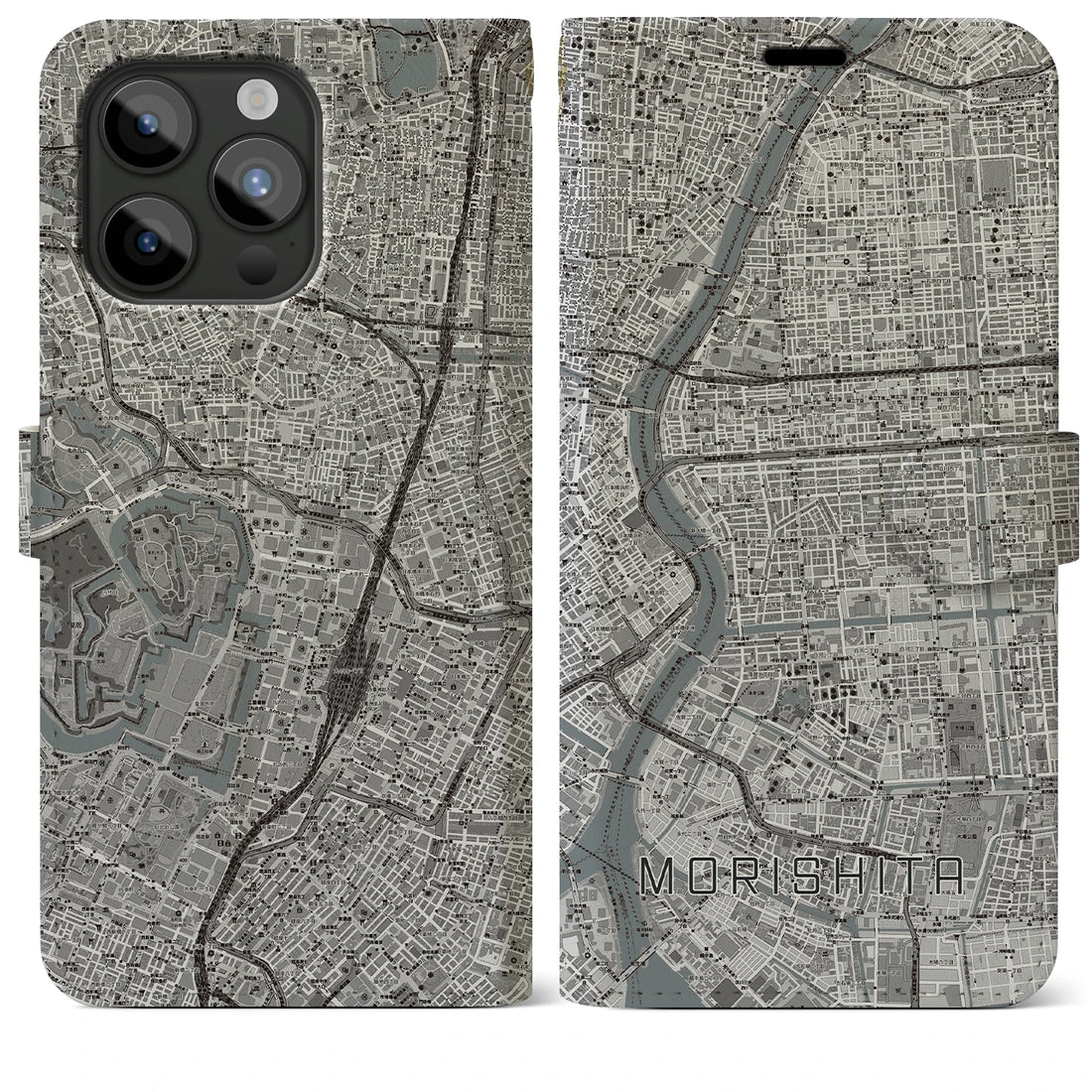 【森下】地図柄iPhoneケース（手帳両面タイプ・モノトーン）iPhone 15 Pro Max 用