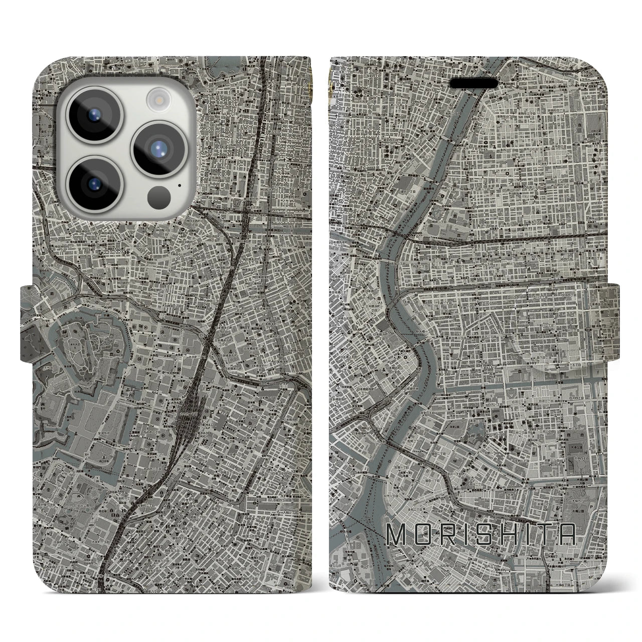 【森下】地図柄iPhoneケース（手帳両面タイプ・モノトーン）iPhone 15 Pro 用