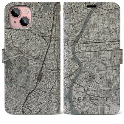 【森下（東京都）】地図柄iPhoneケース（手帳タイプ）モノトーン・iPhone 15 Plus 用