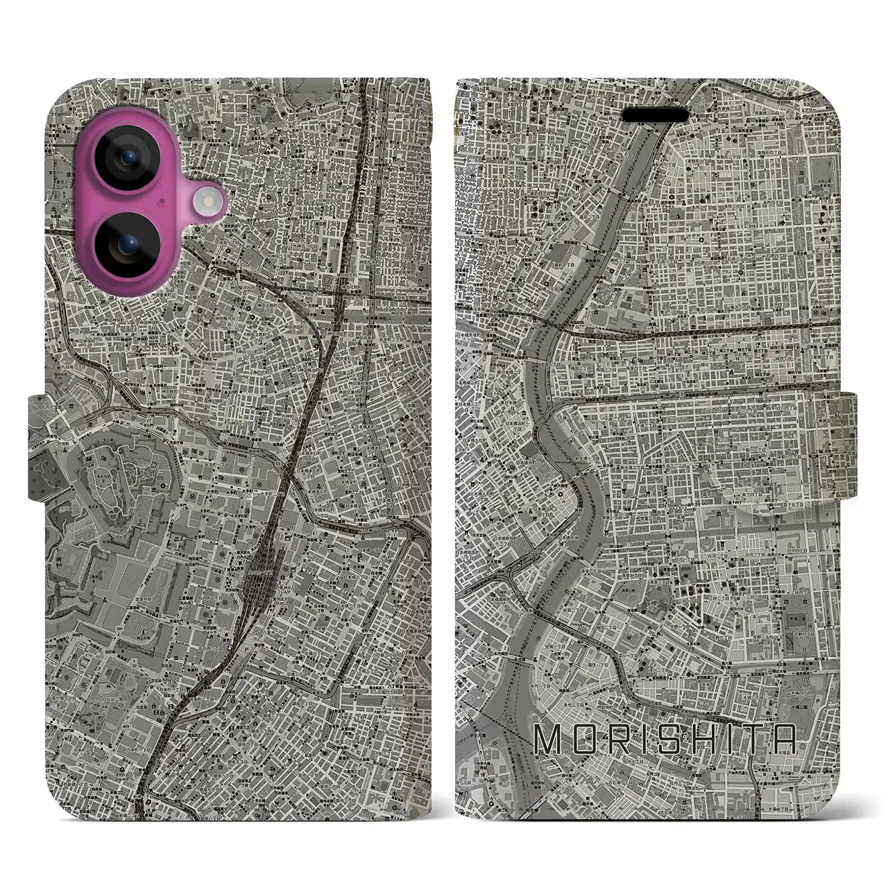 【森下（東京都）】地図柄iPhoneケース（手帳タイプ）モノトーン・iPhone 16 Pro 用