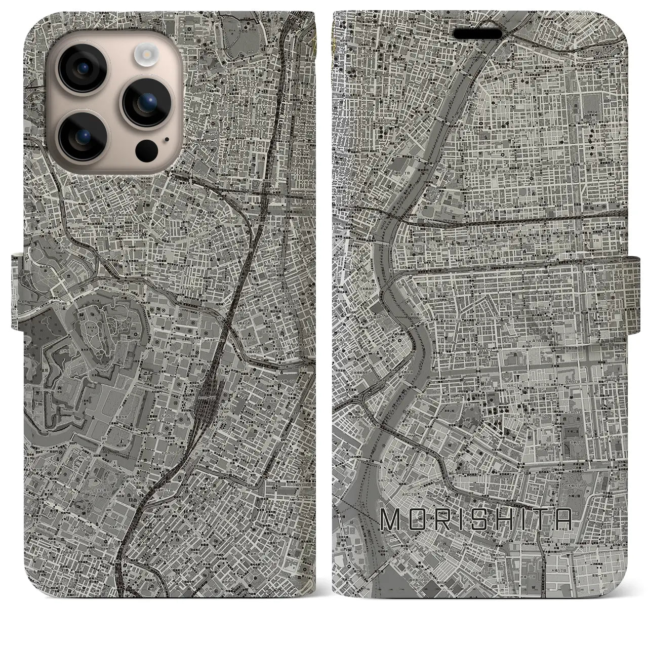 【森下（東京都）】地図柄iPhoneケース（手帳タイプ）モノトーン・iPhone 16 Plus 用