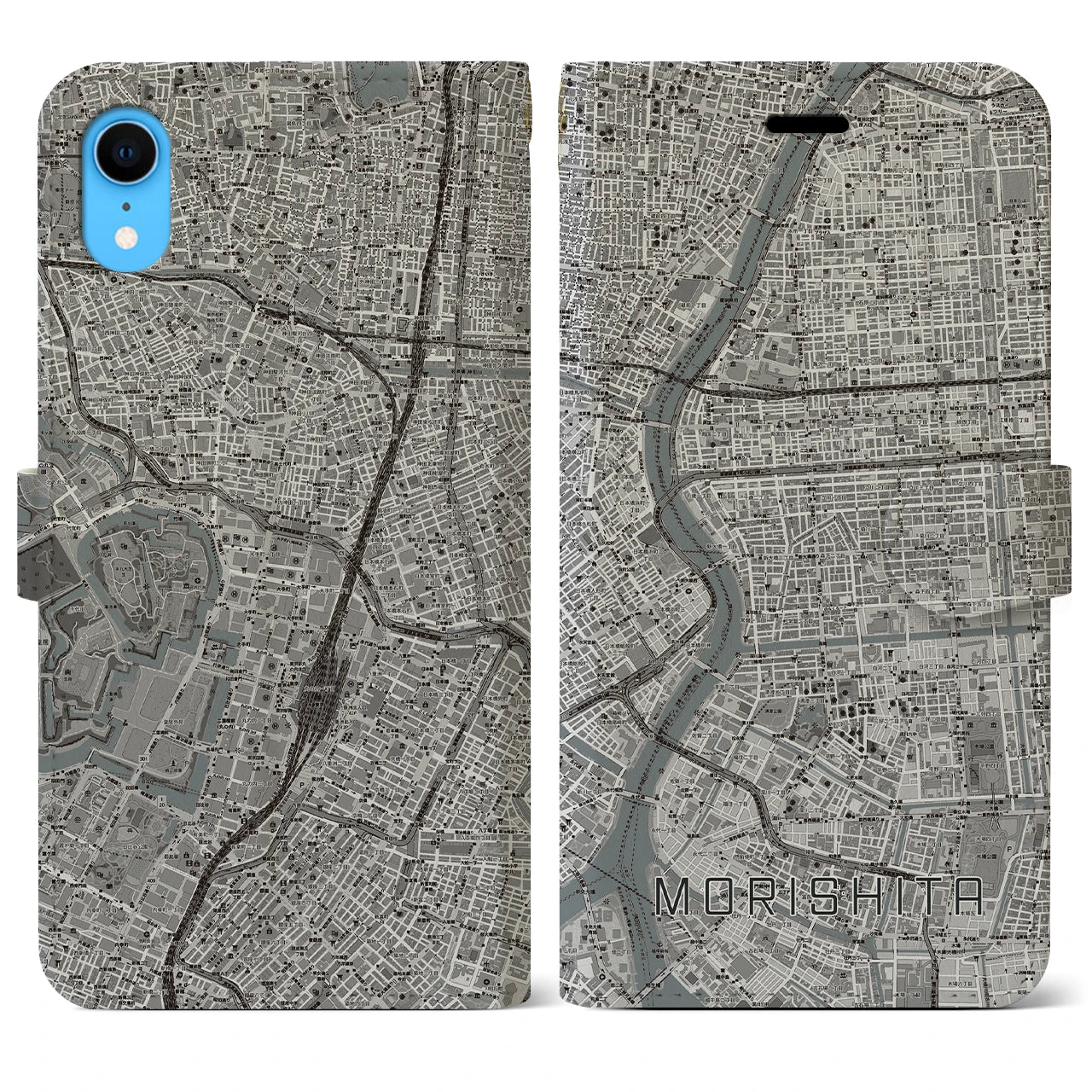 【森下】地図柄iPhoneケース（手帳両面タイプ・モノトーン）iPhone XR 用