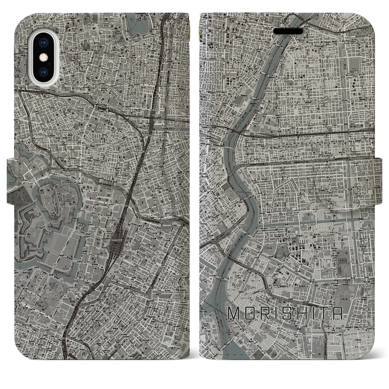 【森下】地図柄iPhoneケース（手帳両面タイプ・モノトーン）iPhone XS Max 用
