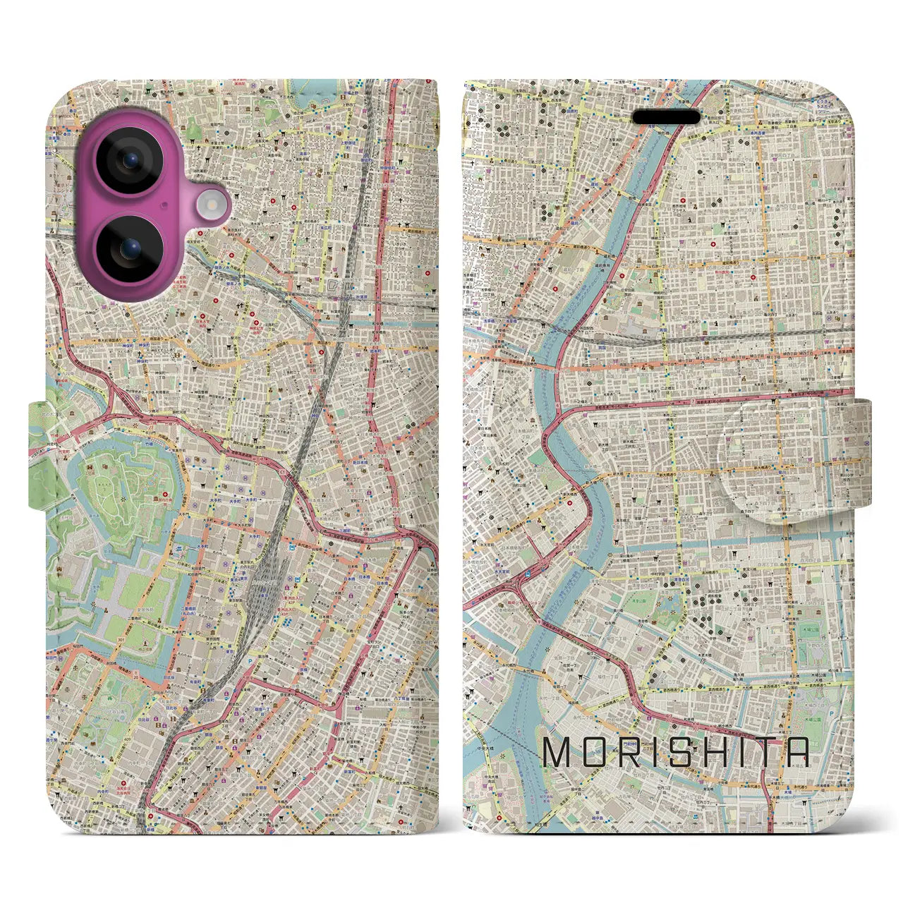 【森下（東京都）】地図柄iPhoneケース（手帳タイプ）ナチュラル・iPhone 16 Pro 用