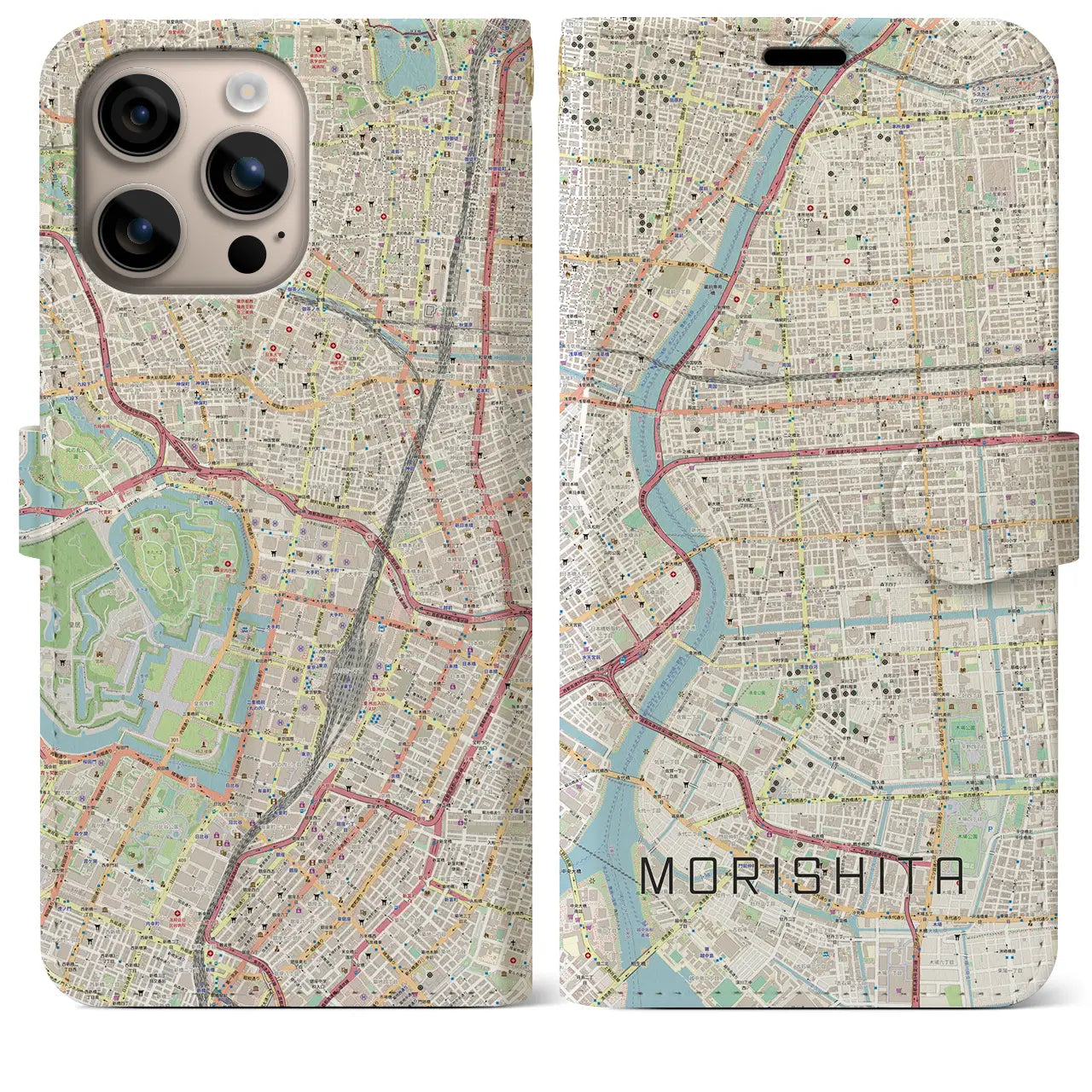 【森下（東京都）】地図柄iPhoneケース（手帳タイプ）ナチュラル・iPhone 16 Plus 用