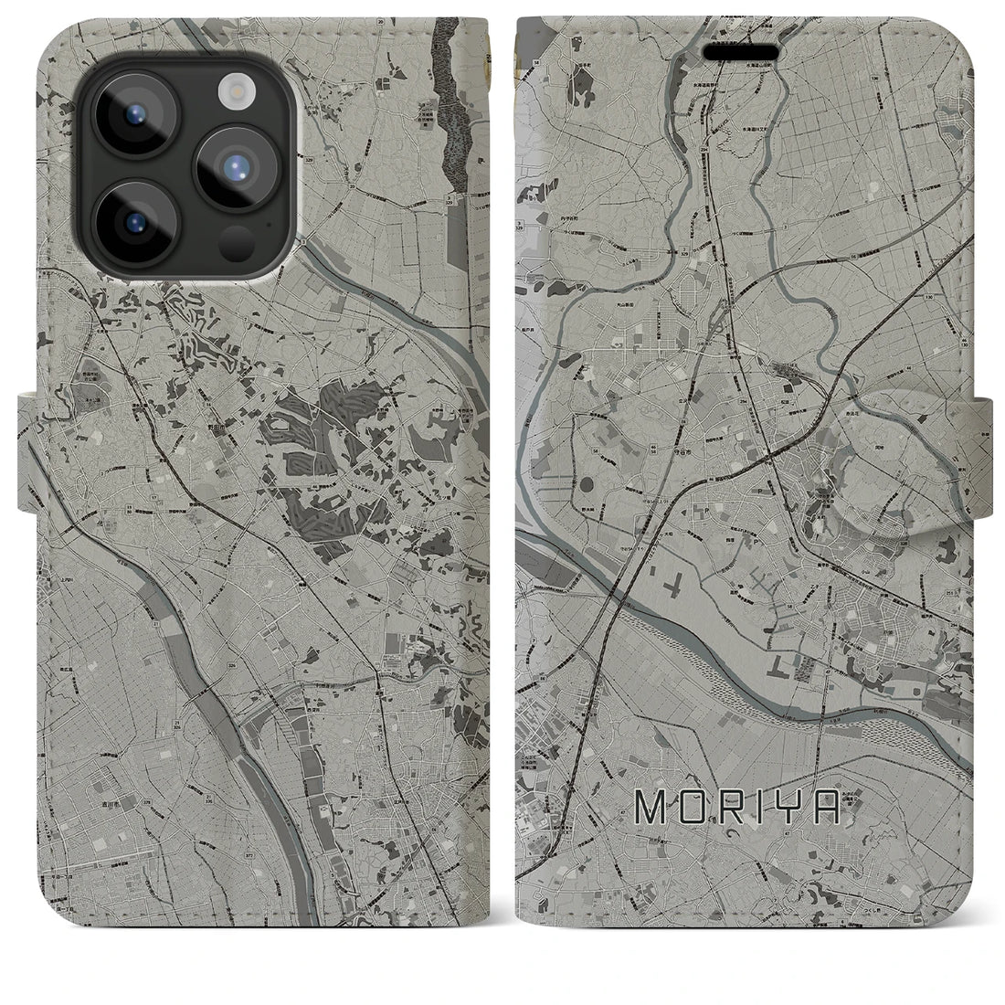 【守谷】地図柄iPhoneケース（手帳両面タイプ・モノトーン）iPhone 15 Pro Max 用