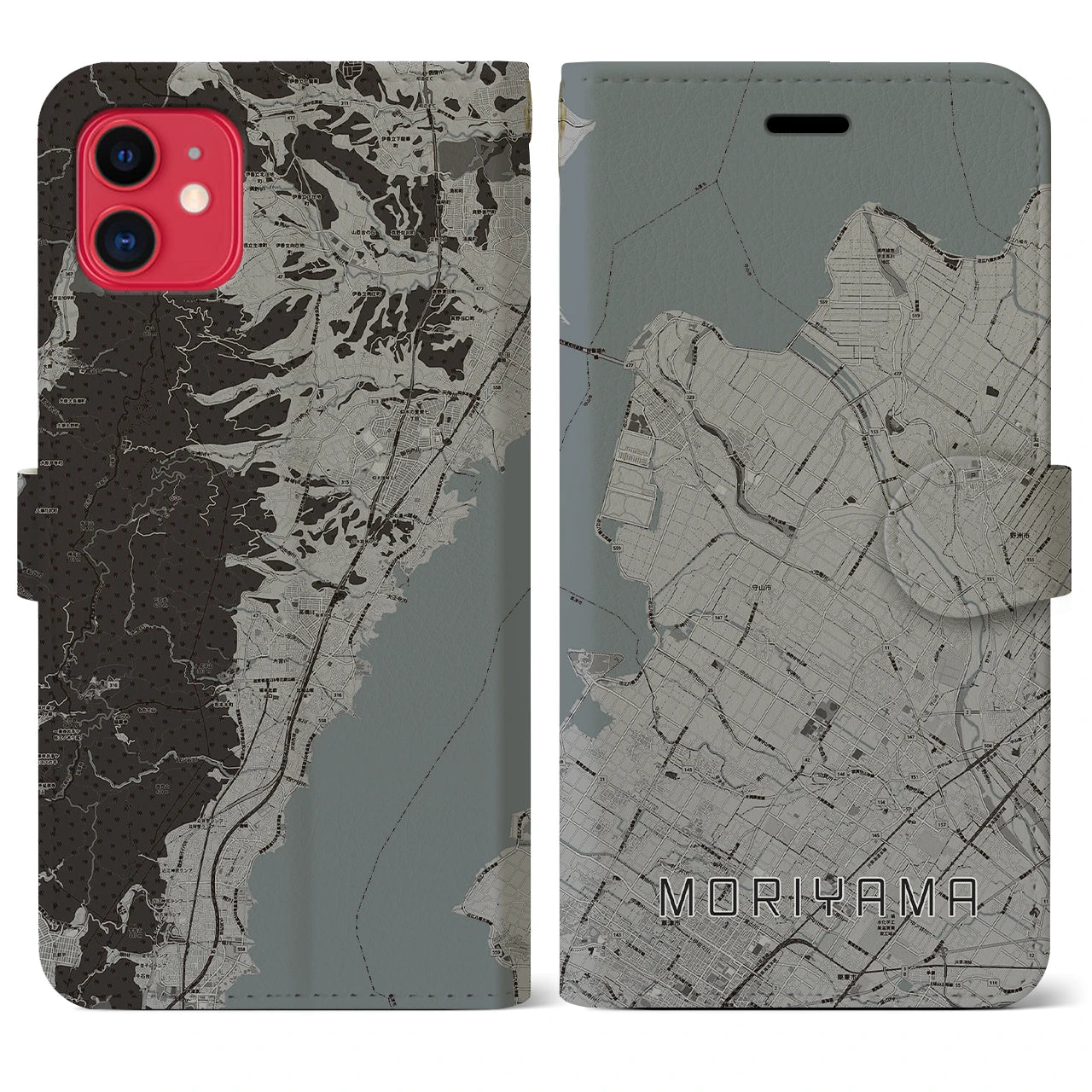 【守山】地図柄iPhoneケース（手帳両面タイプ・モノトーン）iPhone 11 用