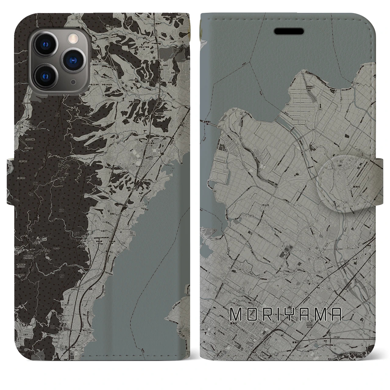 【守山】地図柄iPhoneケース（手帳両面タイプ・モノトーン）iPhone 11 Pro Max 用