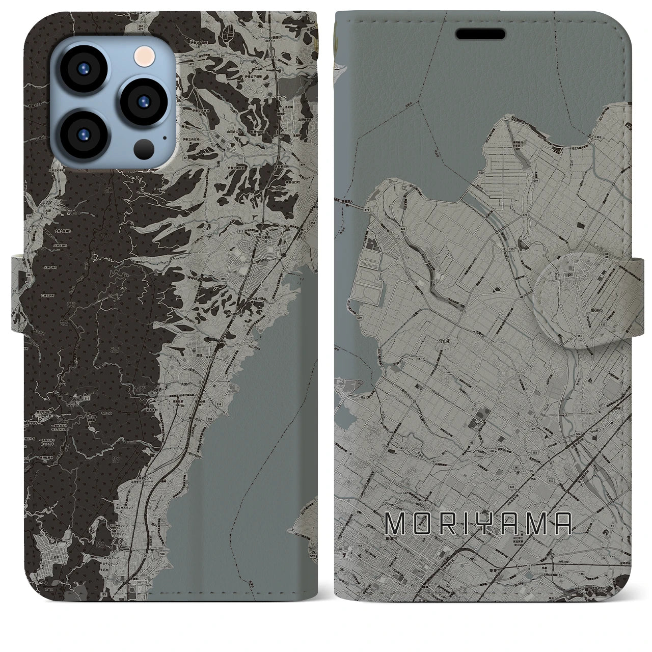 【守山】地図柄iPhoneケース（手帳両面タイプ・モノトーン）iPhone 13 Pro Max 用