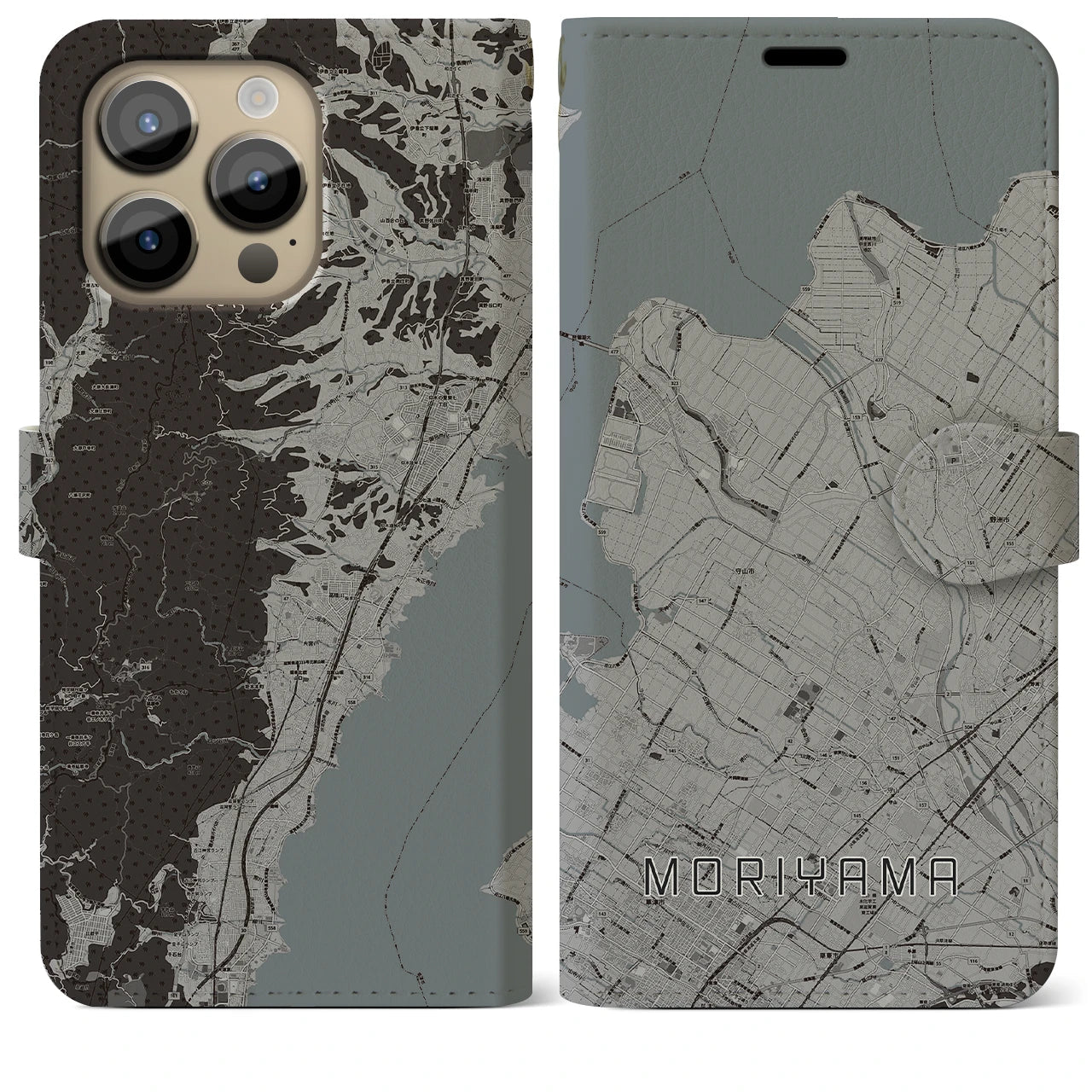 【守山】地図柄iPhoneケース（手帳両面タイプ・モノトーン）iPhone 14 Pro Max 用