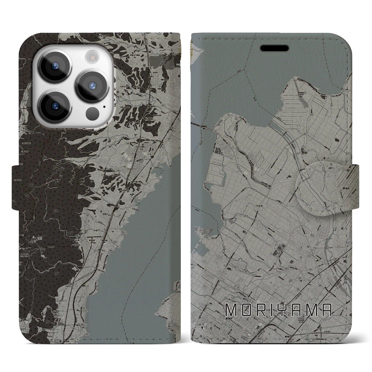【守山】地図柄iPhoneケース（手帳両面タイプ・モノトーン）iPhone 14 Pro 用