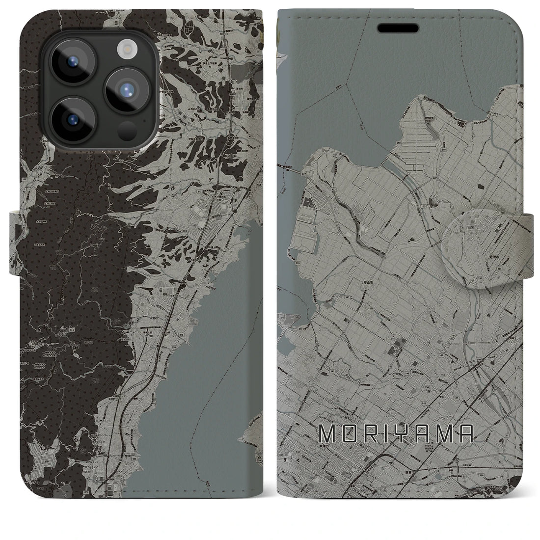 【守山】地図柄iPhoneケース（手帳両面タイプ・モノトーン）iPhone 15 Pro Max 用