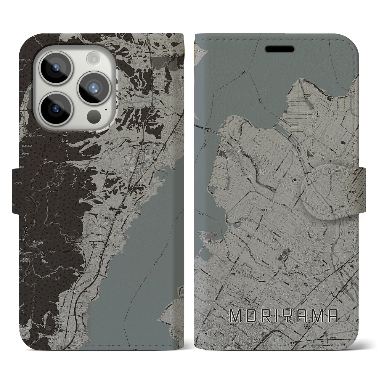 【守山】地図柄iPhoneケース（手帳両面タイプ・モノトーン）iPhone 15 Pro 用