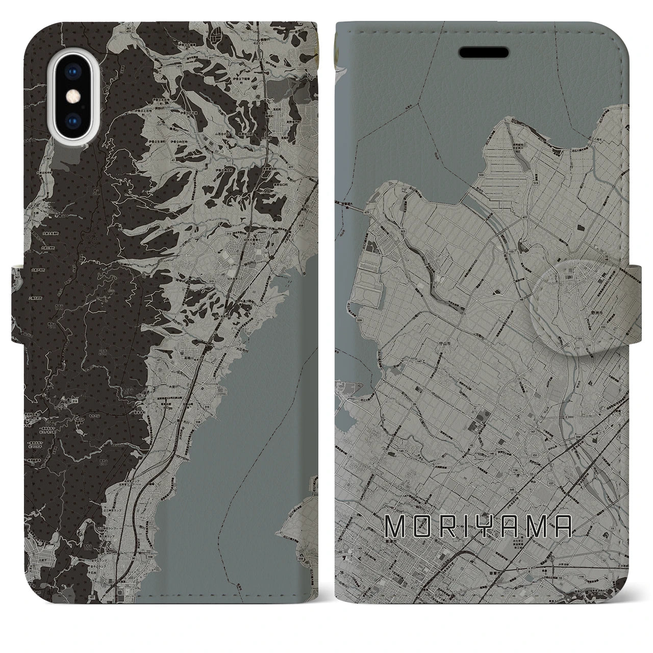 【守山】地図柄iPhoneケース（手帳両面タイプ・モノトーン）iPhone XS Max 用