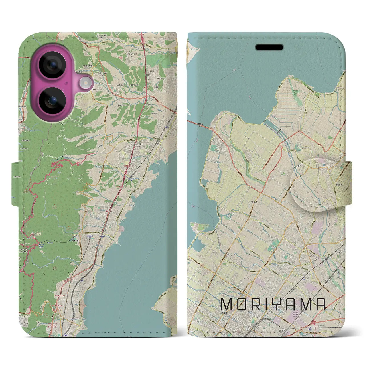 【守山（滋賀県）】地図柄iPhoneケース（手帳タイプ）ナチュラル・iPhone 16 Pro 用