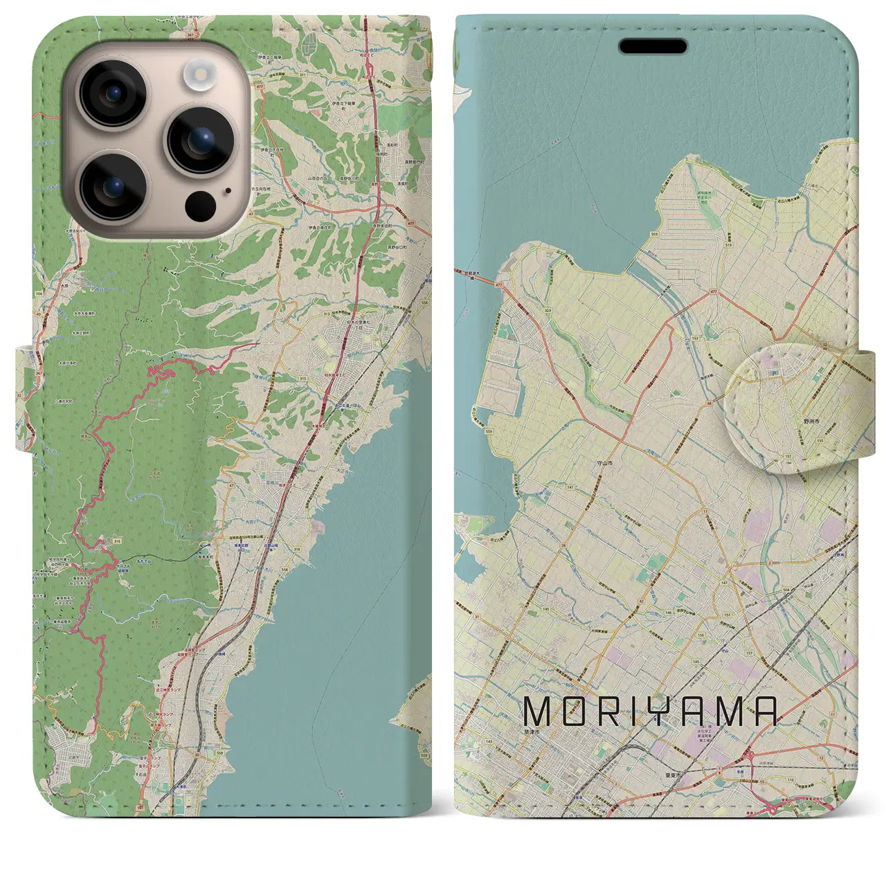 【守山（滋賀県）】地図柄iPhoneケース（手帳タイプ）ナチュラル・iPhone 16 Plus 用