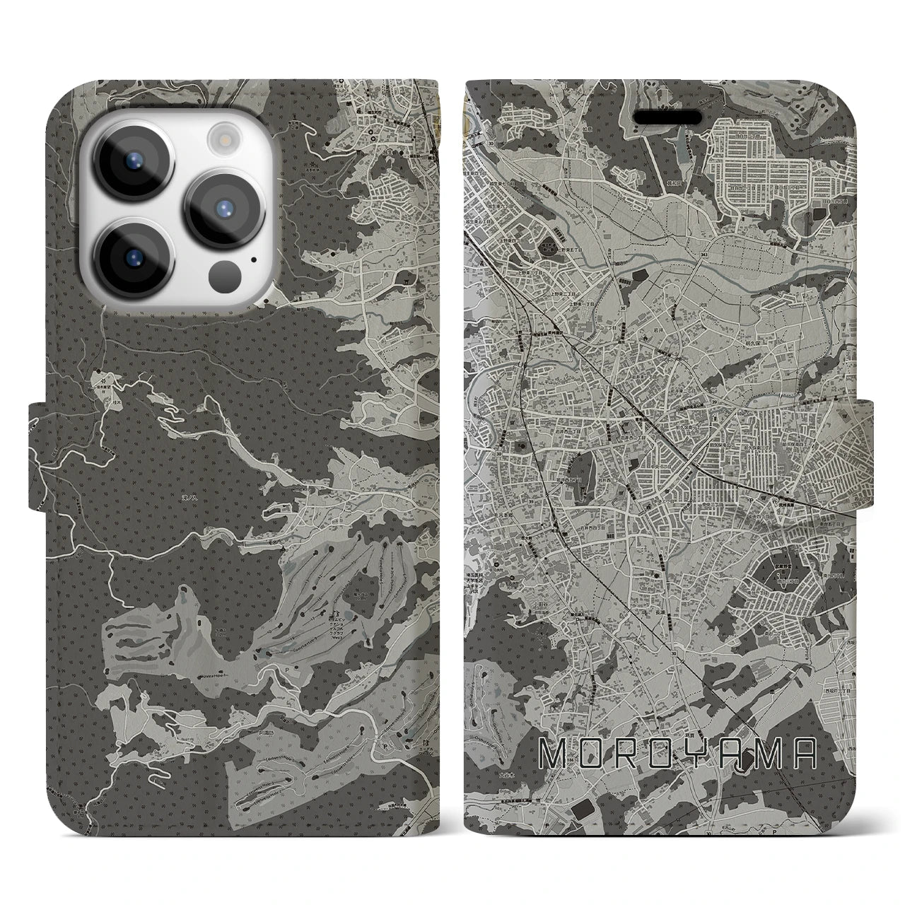 【毛呂山】地図柄iPhoneケース（手帳両面タイプ・モノトーン）iPhone 14 Pro 用