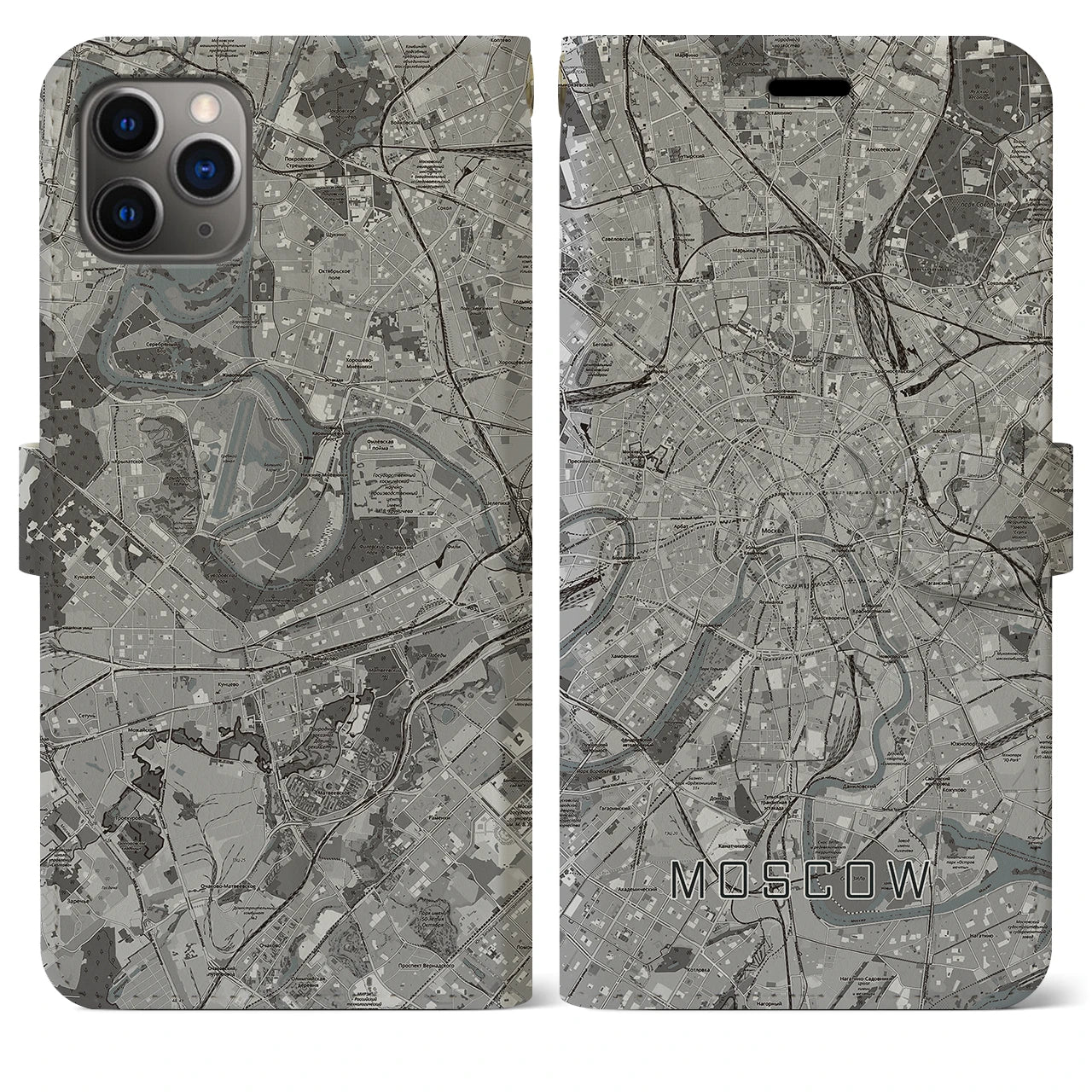 【モスクワ】地図柄iPhoneケース（手帳両面タイプ・モノトーン）iPhone 11 Pro Max 用