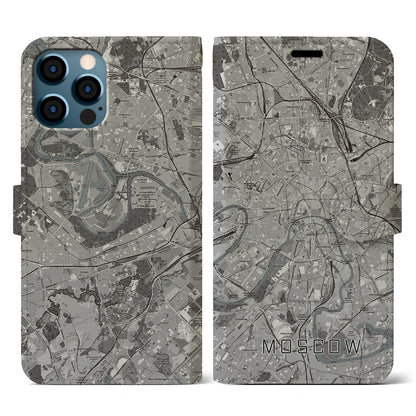 【モスクワ（ロシア）】地図柄iPhoneケース（手帳タイプ）モノトーン・iPhone 12 / 12 Pro 用