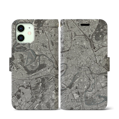【モスクワ（ロシア）】地図柄iPhoneケース（手帳タイプ）モノトーン・iPhone 12 mini 用