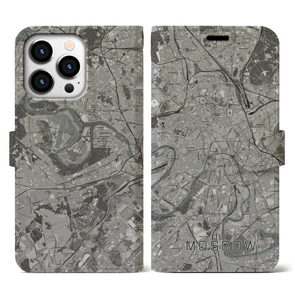 【モスクワ（ロシア）】地図柄iPhoneケース（手帳タイプ）モノトーン・iPhone 13 Pro 用