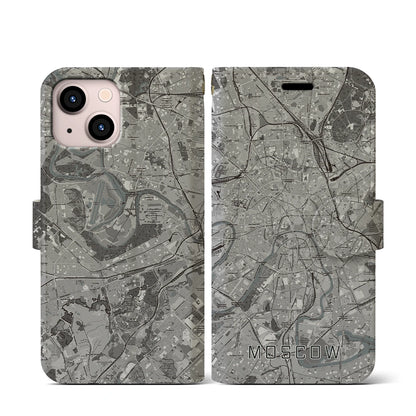 【モスクワ（ロシア）】地図柄iPhoneケース（手帳タイプ）モノトーン・iPhone 13 mini 用