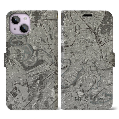 【モスクワ（ロシア）】地図柄iPhoneケース（手帳タイプ）モノトーン・iPhone 14 用