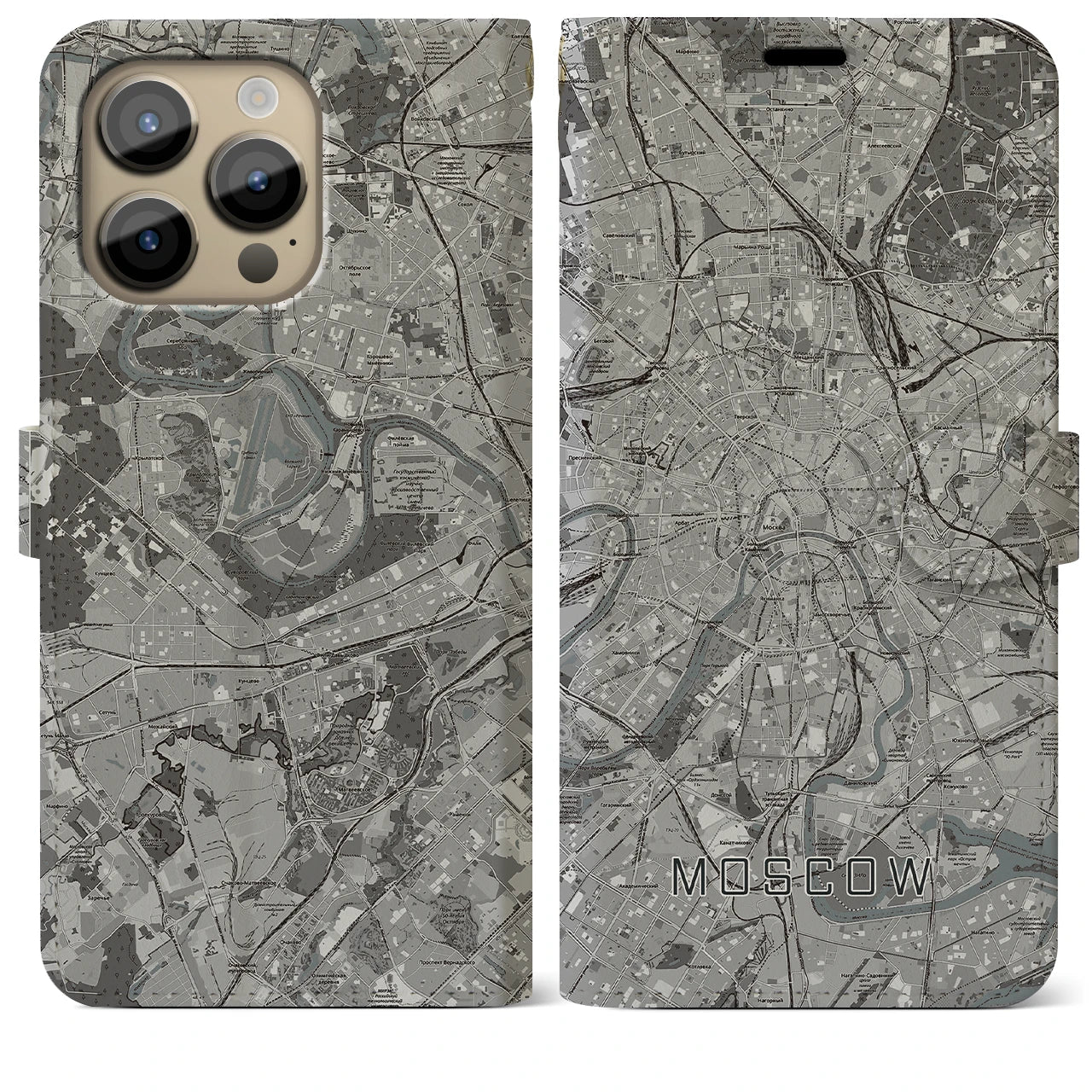 【モスクワ】地図柄iPhoneケース（手帳両面タイプ・モノトーン）iPhone 14 Pro Max 用