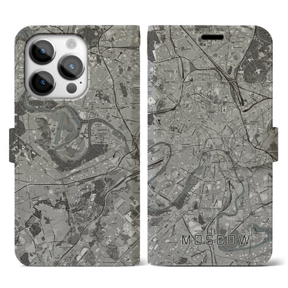 【モスクワ（ロシア）】地図柄iPhoneケース（手帳タイプ）モノトーン・iPhone 14 Pro 用