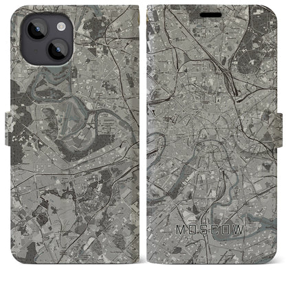【モスクワ（ロシア）】地図柄iPhoneケース（手帳タイプ）モノトーン・iPhone 14 Plus 用