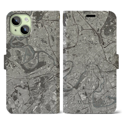 【モスクワ（ロシア）】地図柄iPhoneケース（手帳タイプ）モノトーン・iPhone 15 用