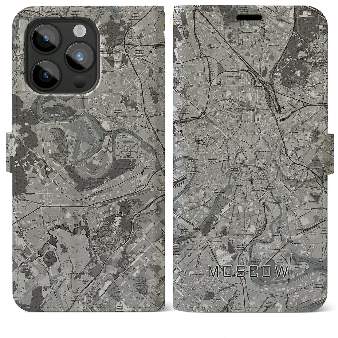 【モスクワ】地図柄iPhoneケース（手帳両面タイプ・モノトーン）iPhone 15 Pro Max 用