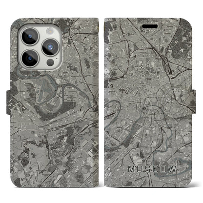 【モスクワ（ロシア）】地図柄iPhoneケース（手帳タイプ）モノトーン・iPhone 15 Pro 用