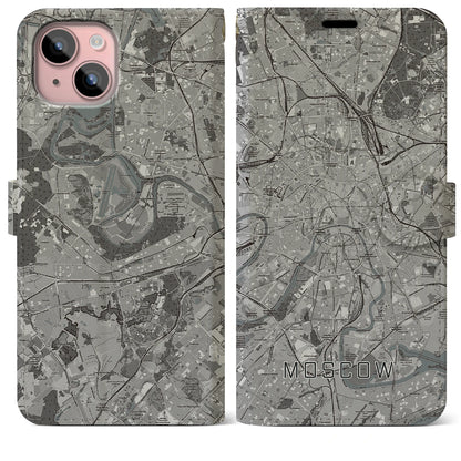 【モスクワ（ロシア）】地図柄iPhoneケース（手帳タイプ）モノトーン・iPhone 15 Plus 用