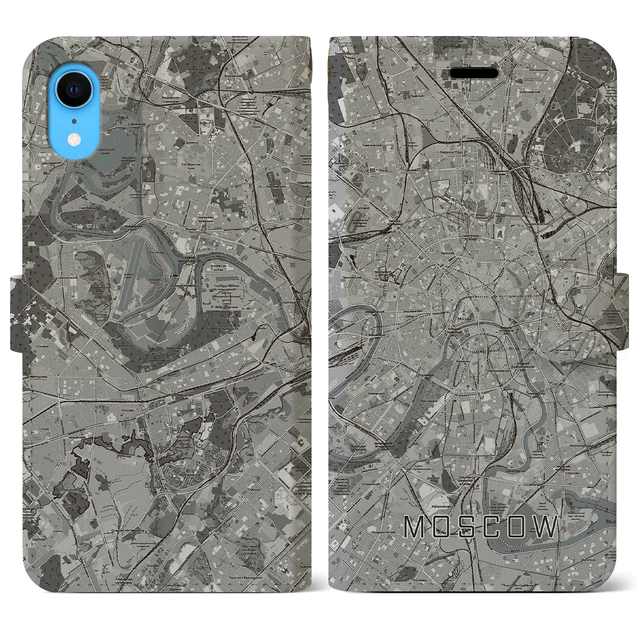 【モスクワ】地図柄iPhoneケース（手帳両面タイプ・モノトーン）iPhone XR 用