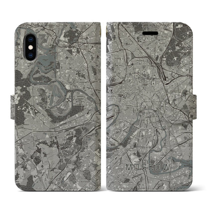 【モスクワ（ロシア）】地図柄iPhoneケース（手帳タイプ）モノトーン・iPhone XS / X 用