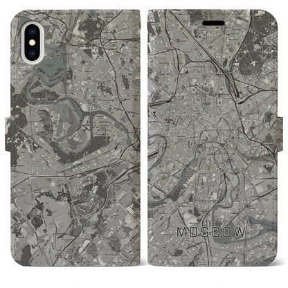 【モスクワ（ロシア）】地図柄iPhoneケース（手帳タイプ）モノトーン・iPhone XS Max 用