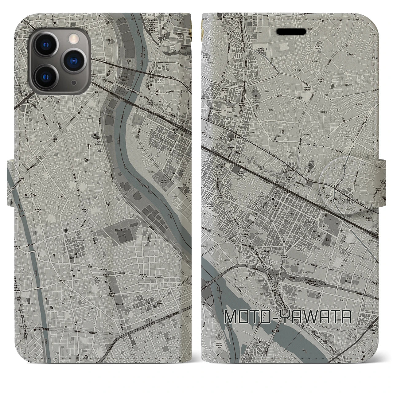 【本八幡】地図柄iPhoneケース（手帳両面タイプ・モノトーン）iPhone 11 Pro Max 用