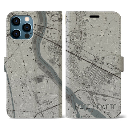 【本八幡（千葉県）】地図柄iPhoneケース（手帳タイプ）モノトーン・iPhone 12 / 12 Pro 用