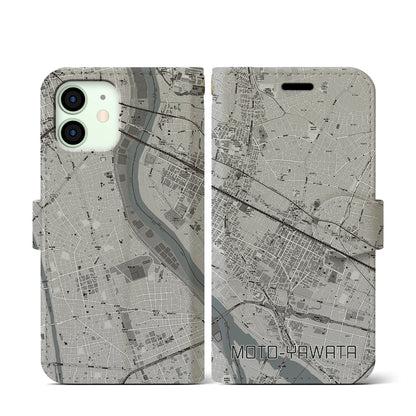 【本八幡（千葉県）】地図柄iPhoneケース（手帳タイプ）モノトーン・iPhone 12 mini 用