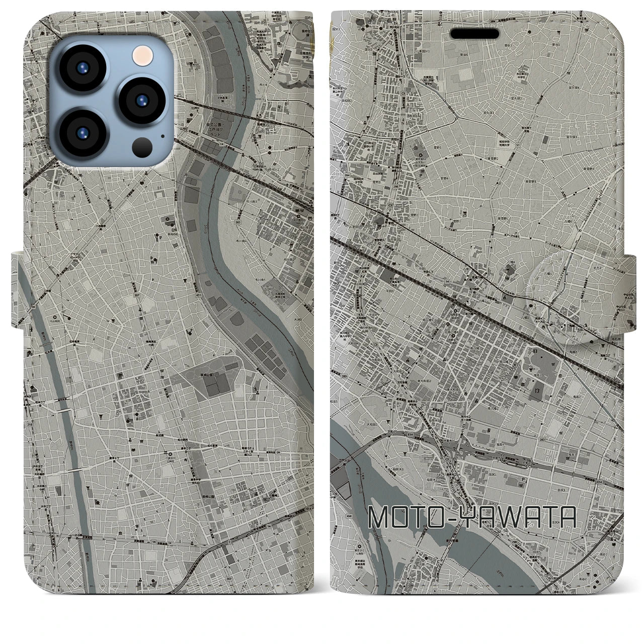 【本八幡】地図柄iPhoneケース（手帳両面タイプ・モノトーン）iPhone 13 Pro Max 用