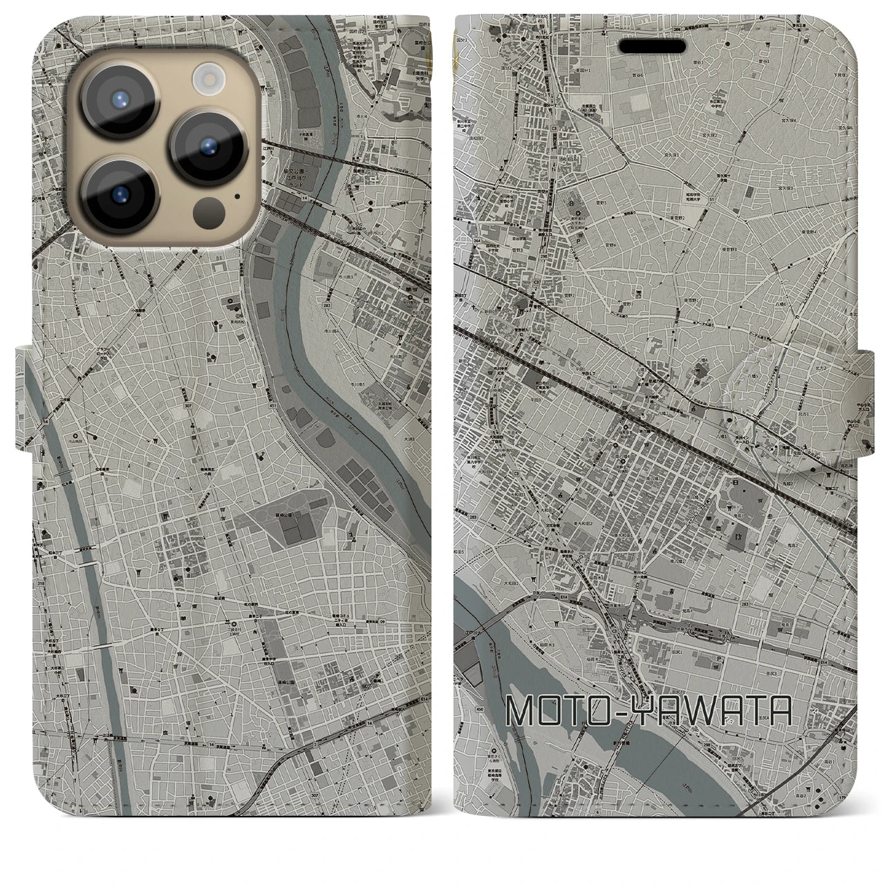 【本八幡】地図柄iPhoneケース（手帳両面タイプ・モノトーン）iPhone 14 Pro Max 用