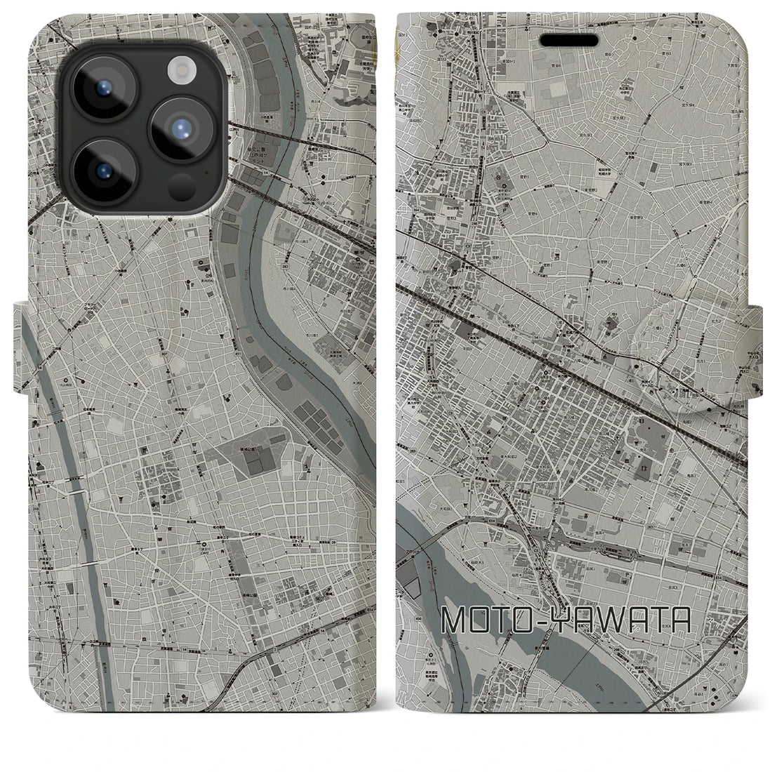 【本八幡】地図柄iPhoneケース（手帳両面タイプ・モノトーン）iPhone 15 Pro Max 用