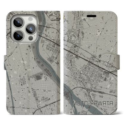 【本八幡（千葉県）】地図柄iPhoneケース（手帳タイプ）モノトーン・iPhone 15 Pro 用